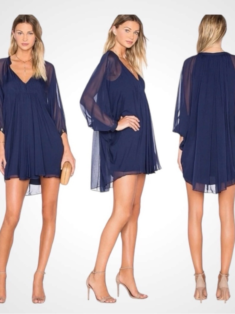 Women's Diane Von Furstenberg Navy Blue Silk Flutter Mini Fleurette Dress Size 4